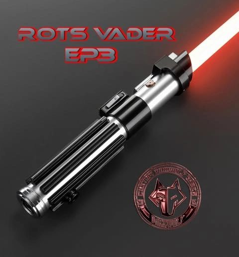 A detailed image of a Star Wars-inspired red lightsaber with a black and silver hilt.