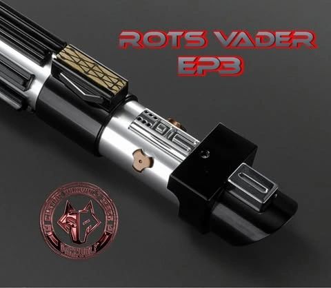 A detailed lightsaber with 'ROTS VADER EP3' text and emblem.