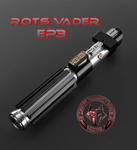 A detailed image of a custom Star Wars lightsaber labeled 'Rots Vader Ep3'.