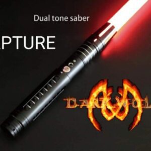 Dual tone red lightsaber with fiery background and text.