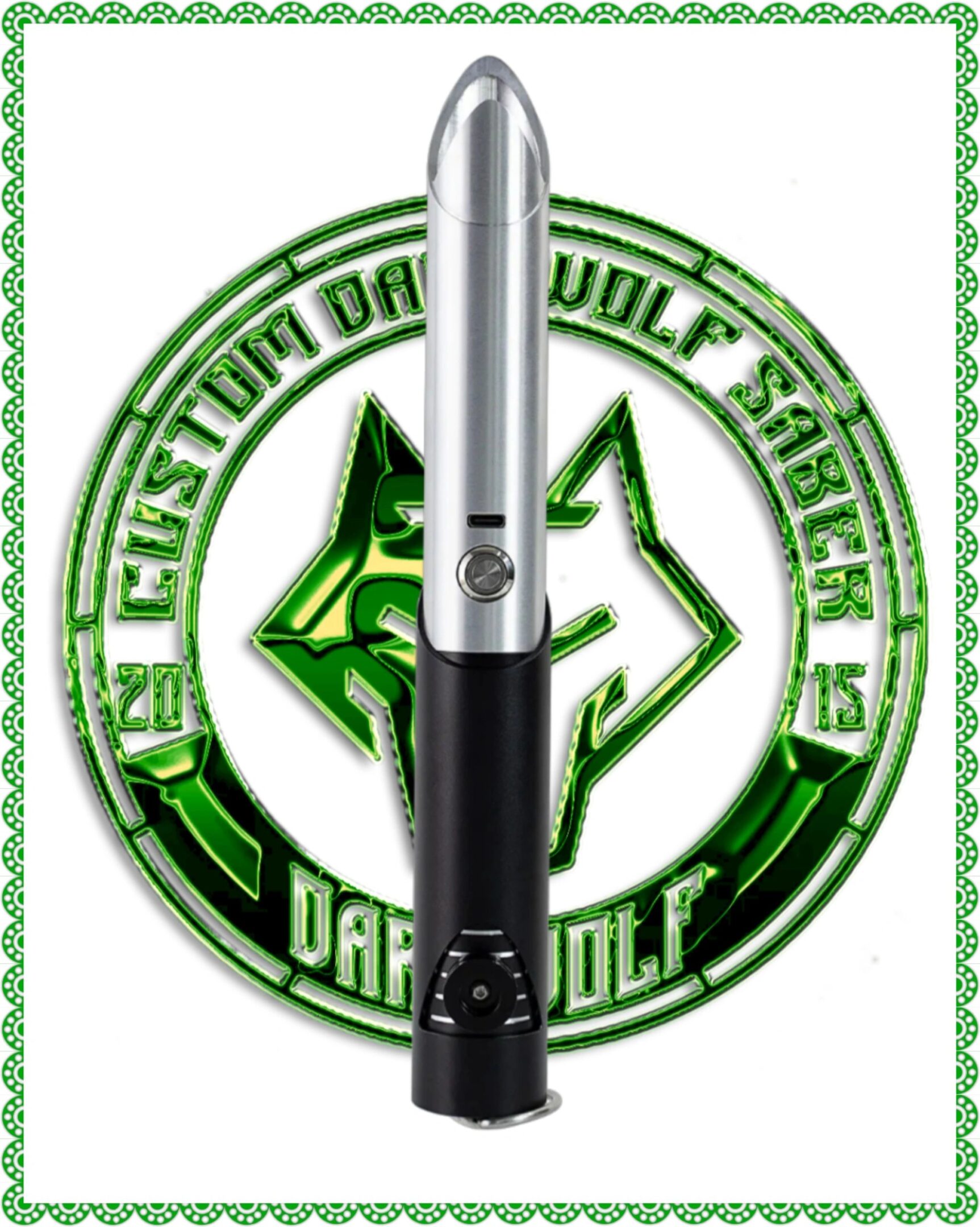A vape pen with a green circular logo in the background.