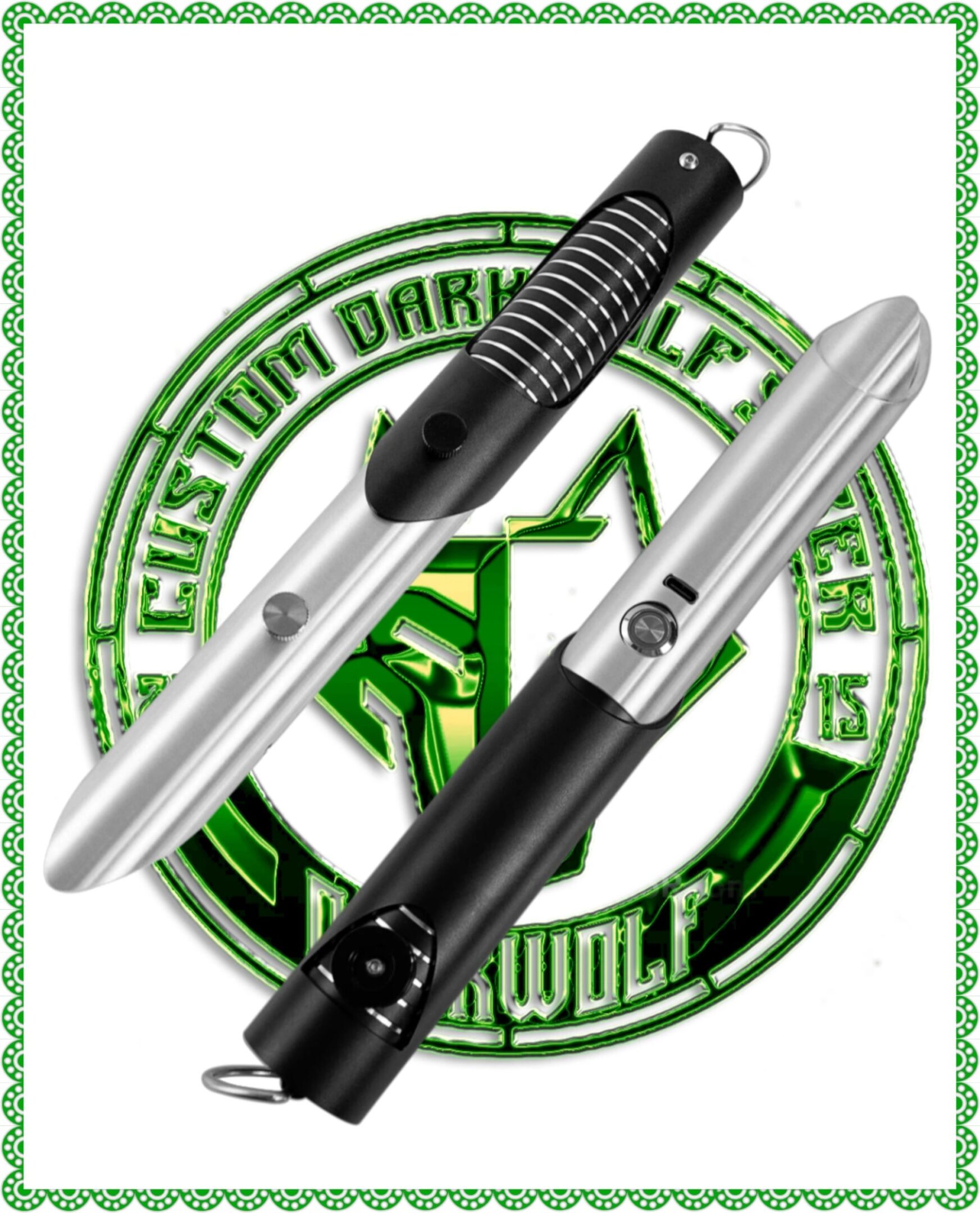 Two knives displayed with a logo background.