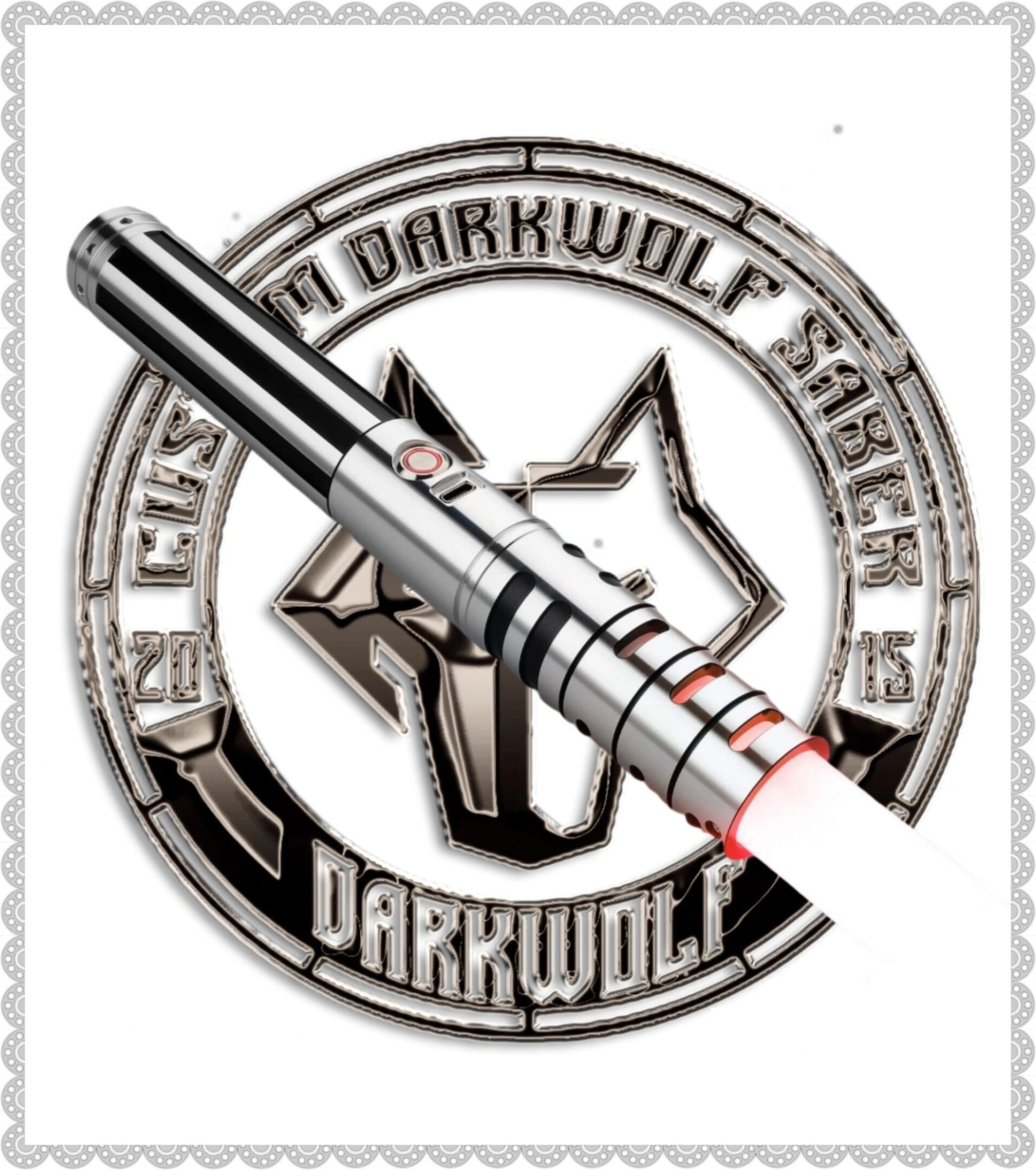 A lightsaber over a circular emblem with a wolf and text.
