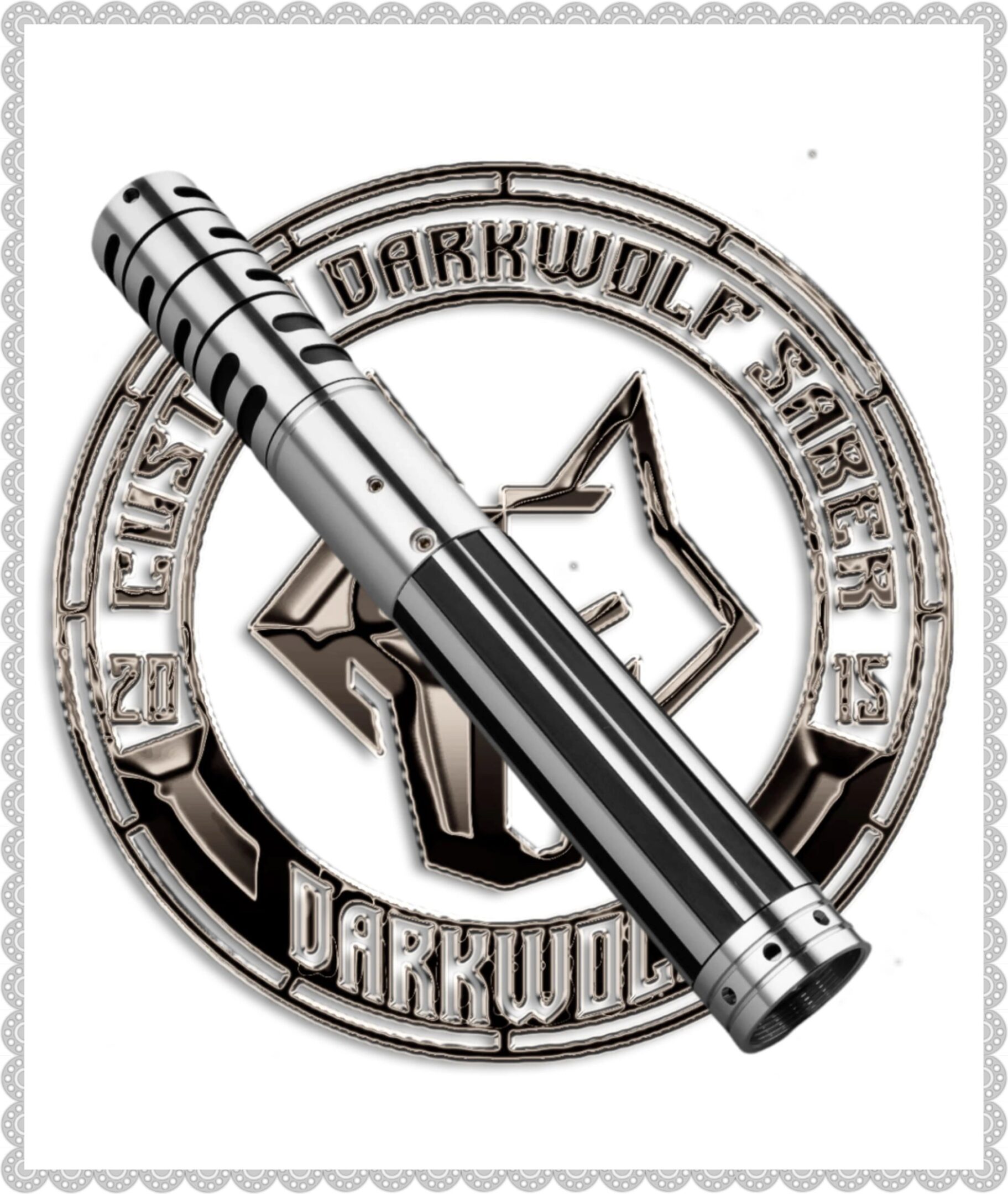 A metallic pen with a logo featuring a wolf's head and circular text.