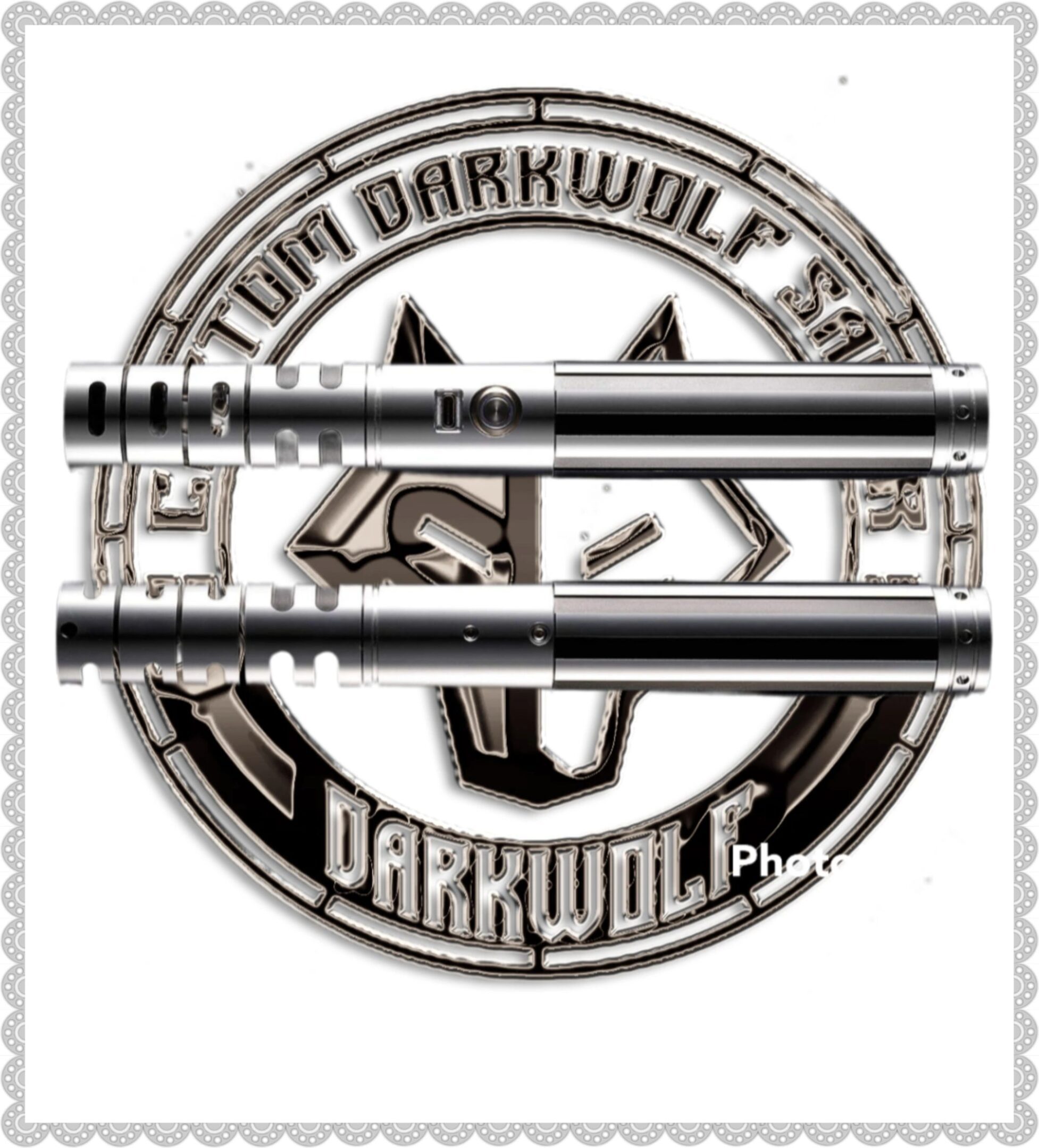 Logo of Two Darkwolf with two metal rods crossing it.