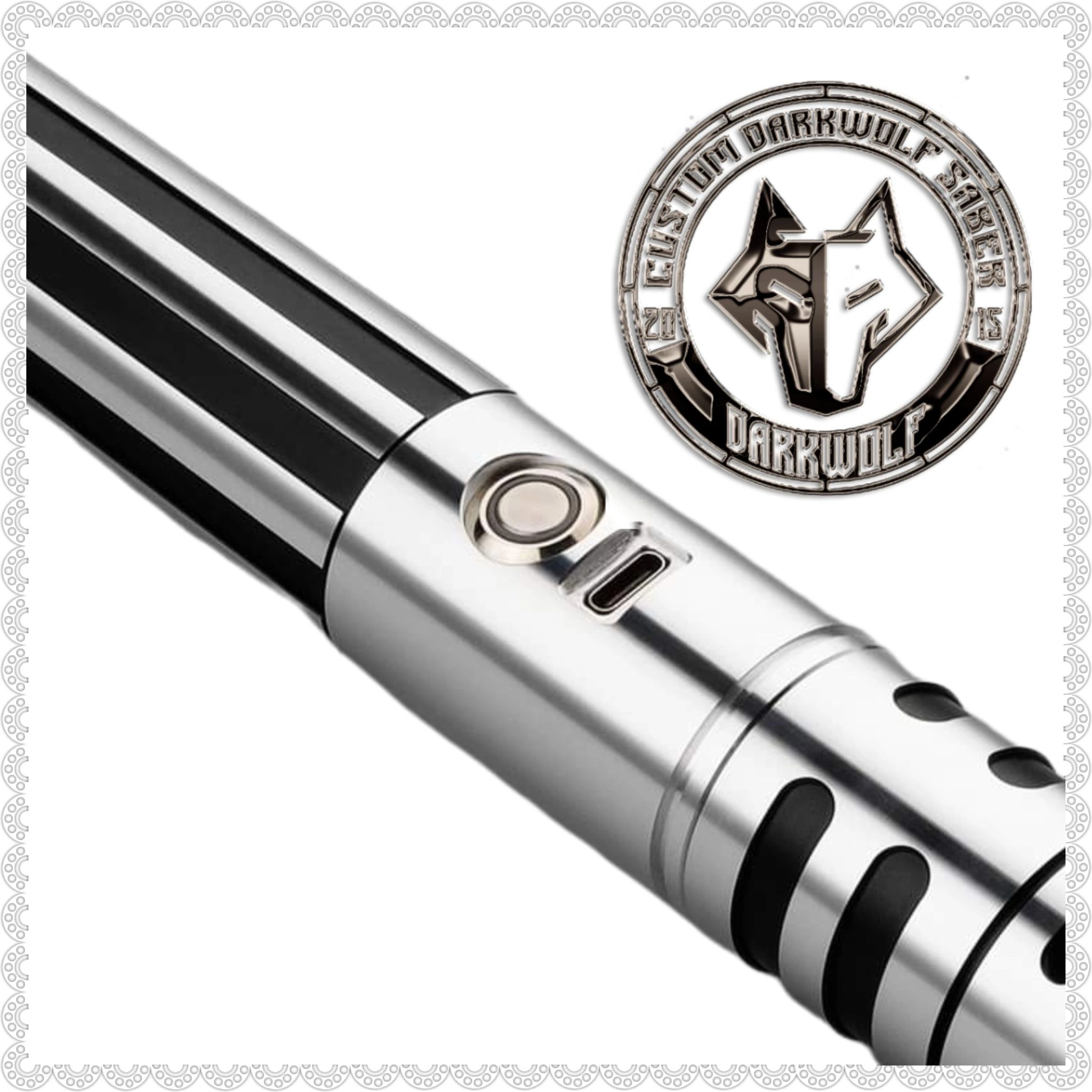 A sleek silver lightsaber with a detailed hilt and a wolf emblem.