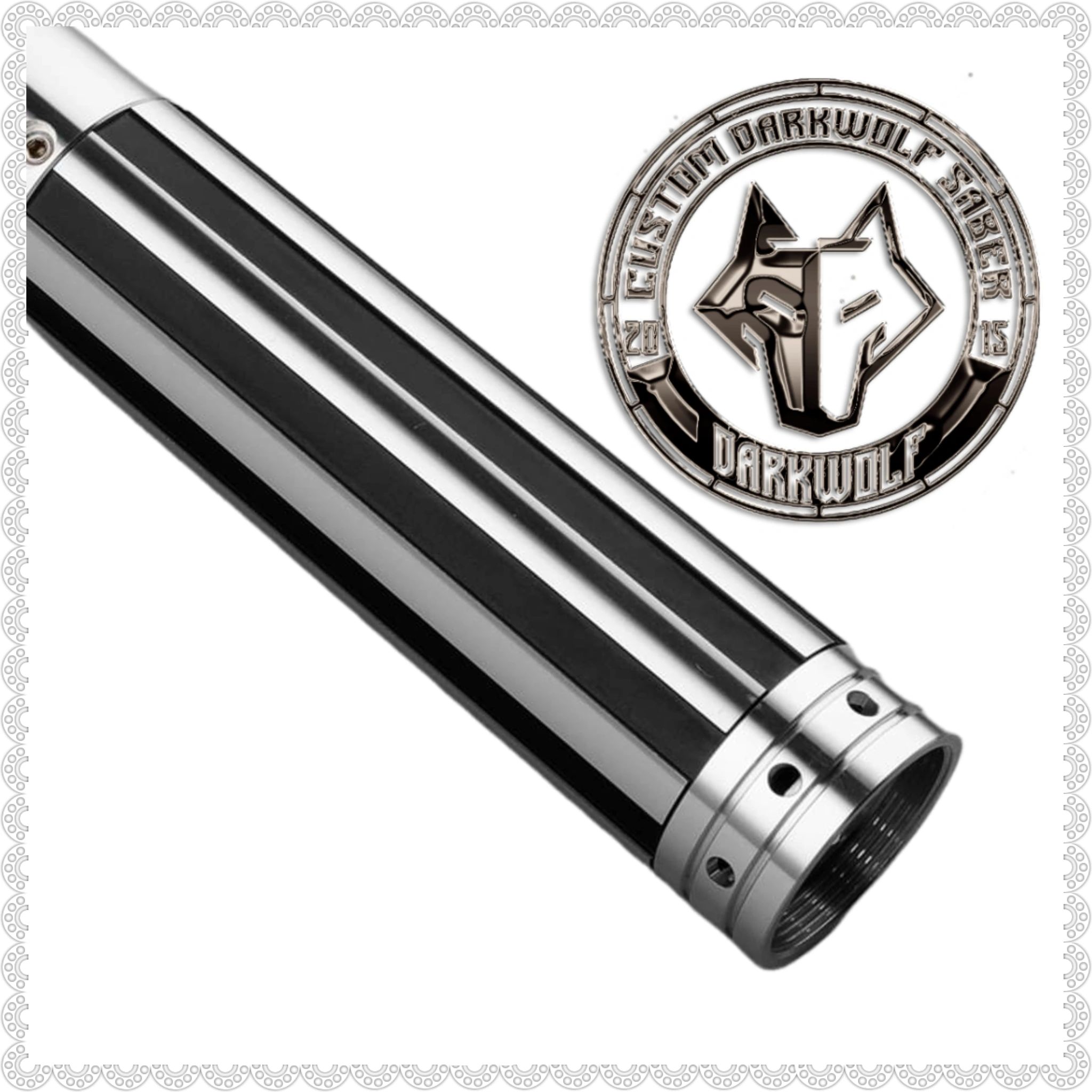 Black and silver cylindrical object with a logo beside it.