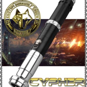 High-tech black and silver Cypher device with gold emblem.