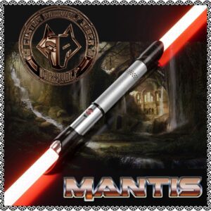 A double-bladed red lightsaber with a Mandalorian helmet background.
