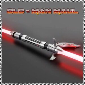 A detailed red lightsaber with a black and silver hilt.