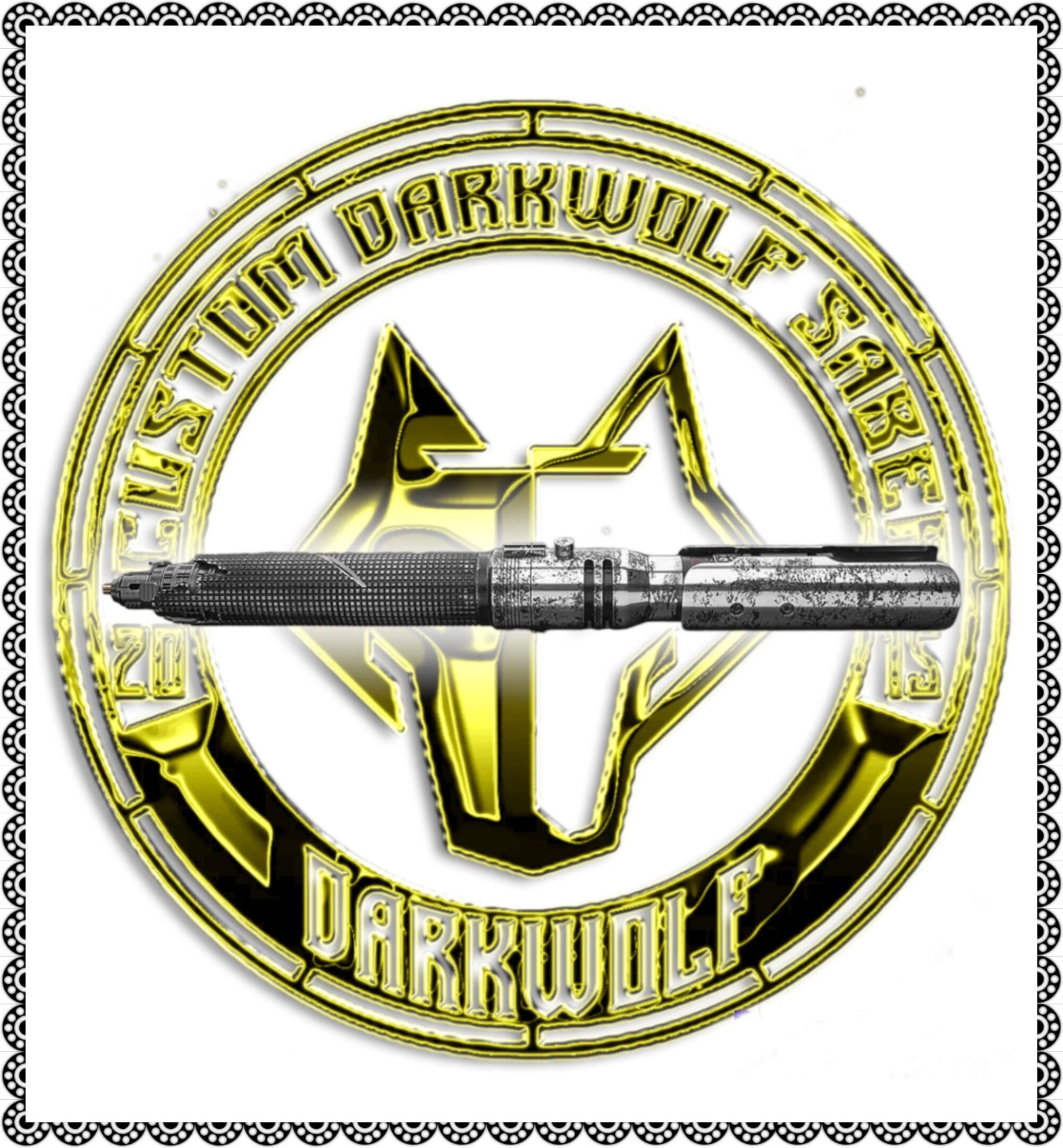 A silver lightsaber over a circular gold emblem with 'DARKWOLF 2017' text.
