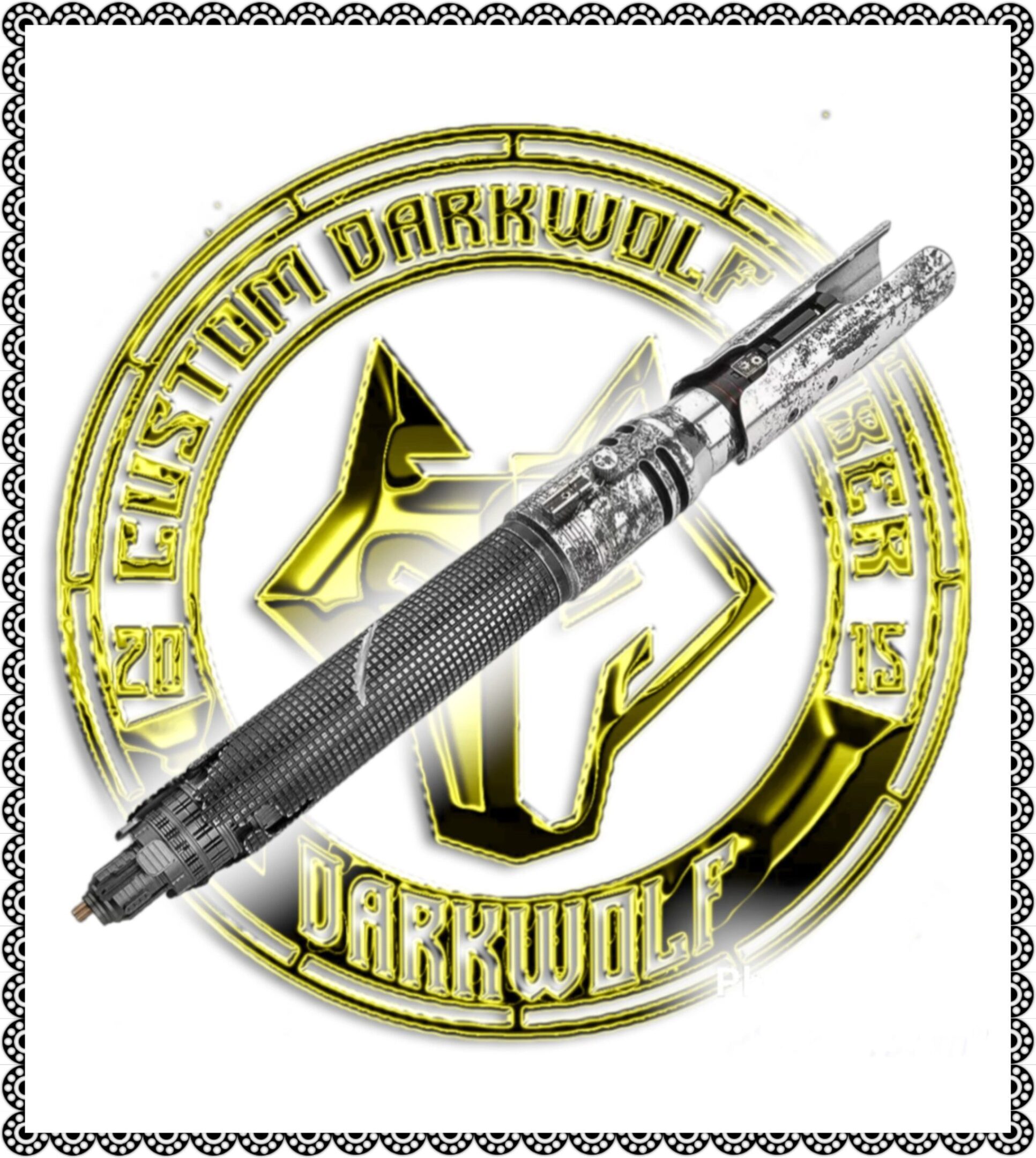 A sleek black and silver pen over a gold circular emblem.