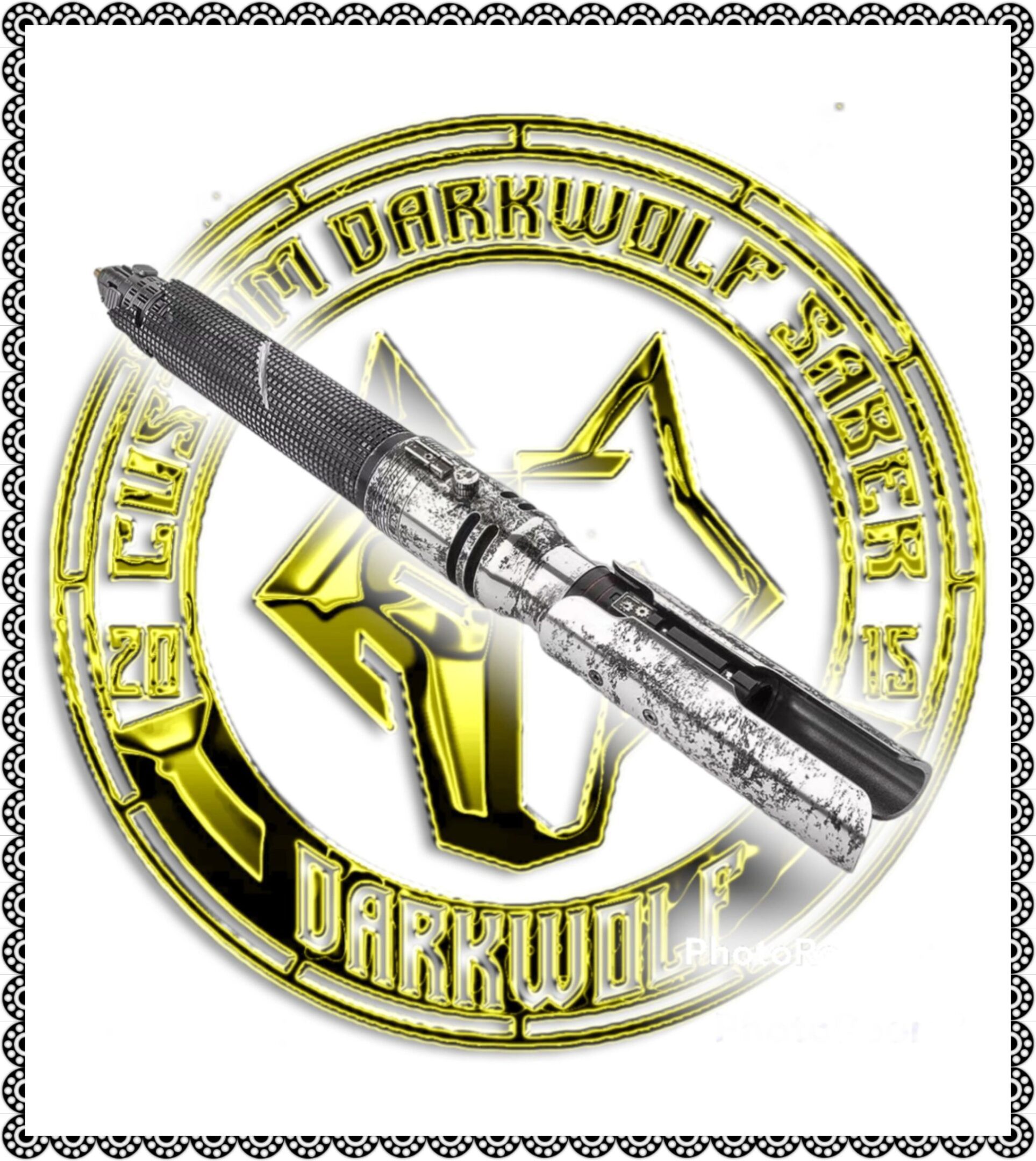 A sleek vape pen with a metallic finish over a circular gold and black logo.
