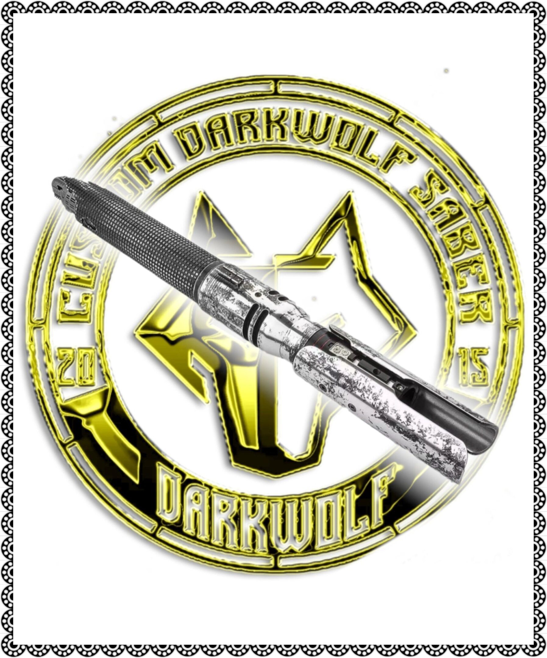 A sleek vape pen over a circular Darkwolf logo.