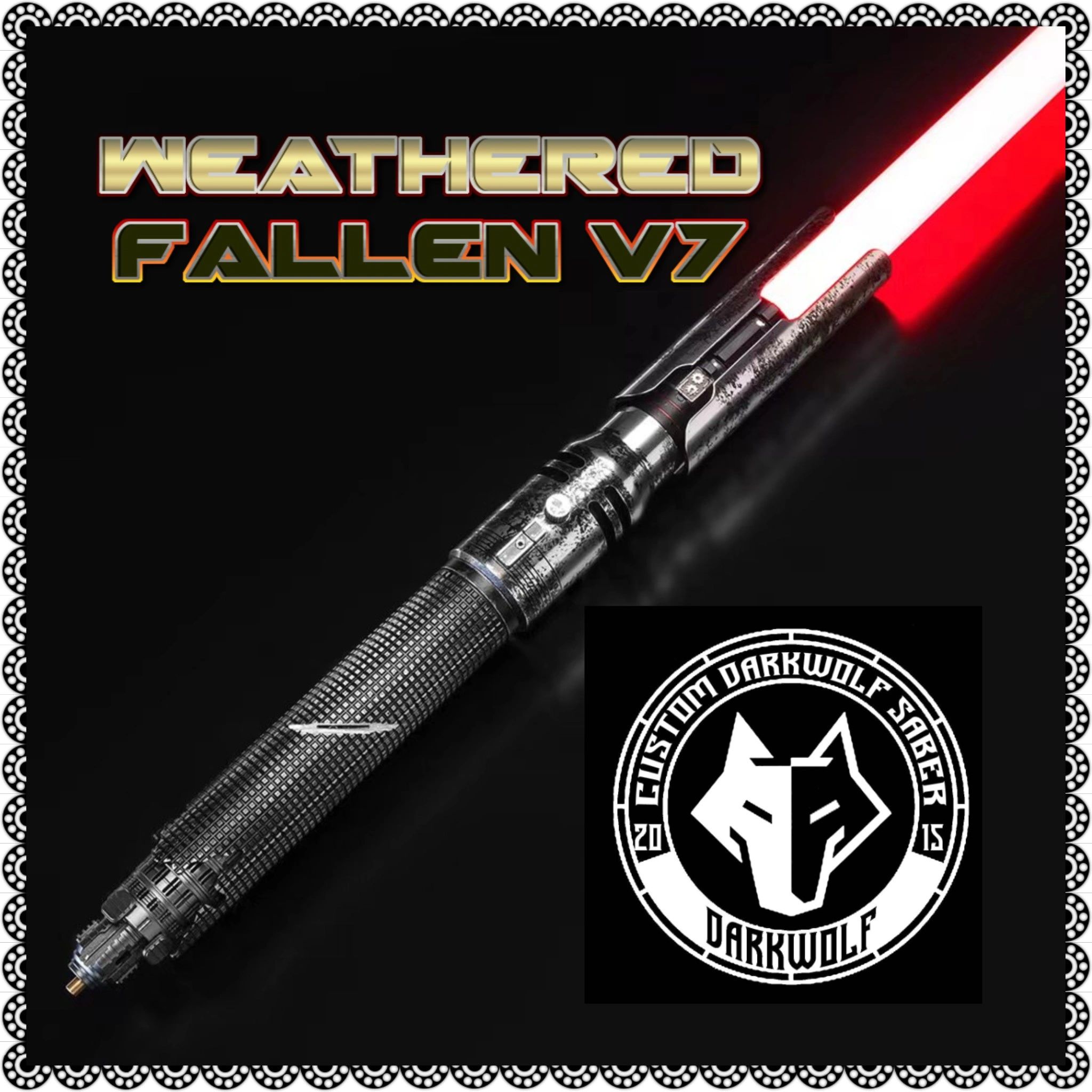A sleek Feathered Fallen V2 lightsaber with a red blade and black hilt.