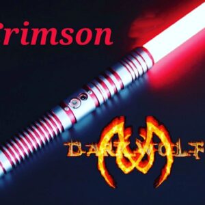 A glowing crimson lightsaber with metallic hilt on a dark background.