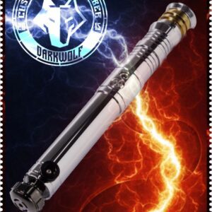 A sleek, metallic lightsaber with electric sparks in the background.