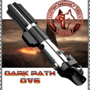 Close-up of a dark, futuristic gun barrel with a logo in the background.