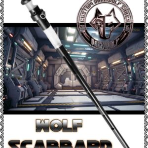 Wolf-themed sword displayed with a futuristic background and logo.