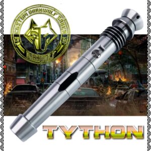 A sleek silver lightsaber labeled 'Tython' with a dark, sci-fi background.