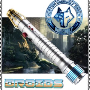 Silver metallic lightsaber with blue accents and logo background.