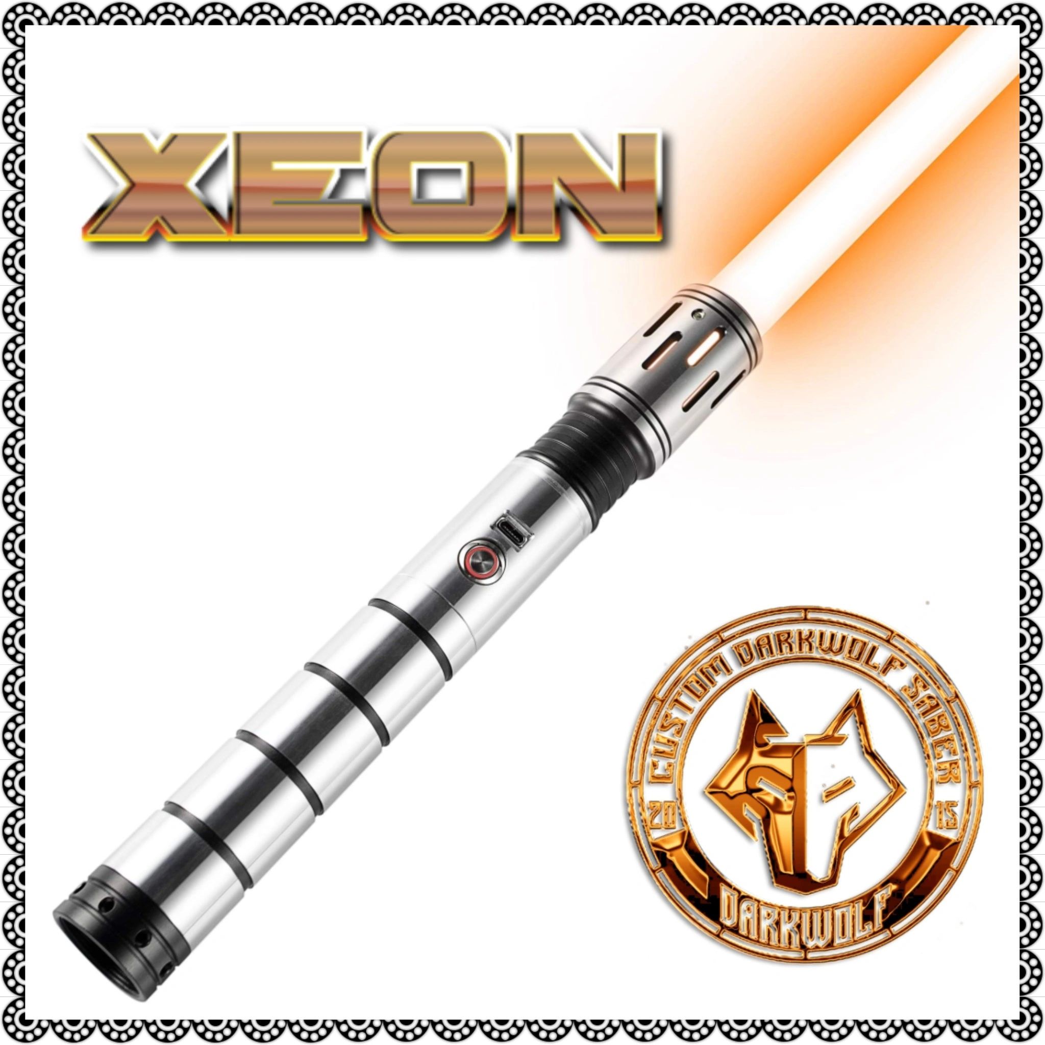 A sleek silver lightsaber with an orange blade and Xeon branding.