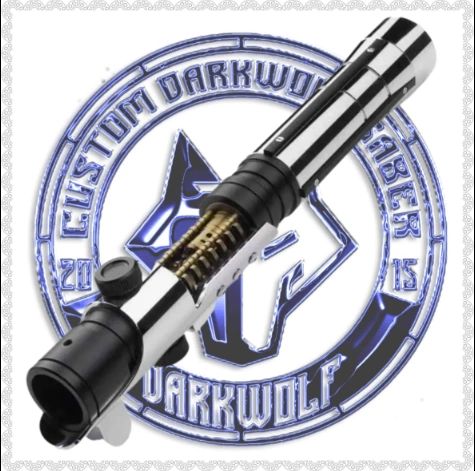 A black and silver custom lightsaber with gold accents on a Darkwolf emblem background.