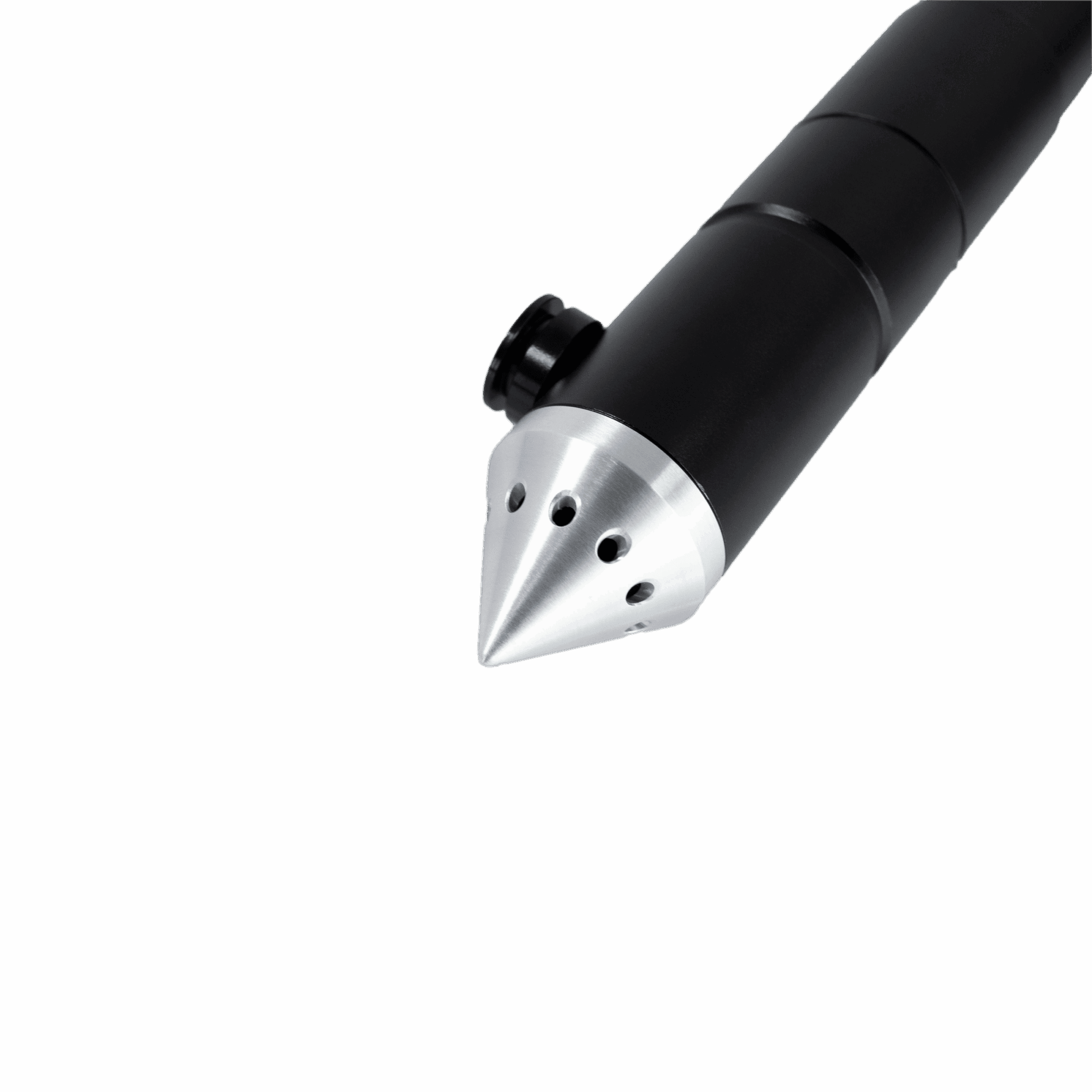 Close-up of a sleek black pen with a metallic conical tip.
