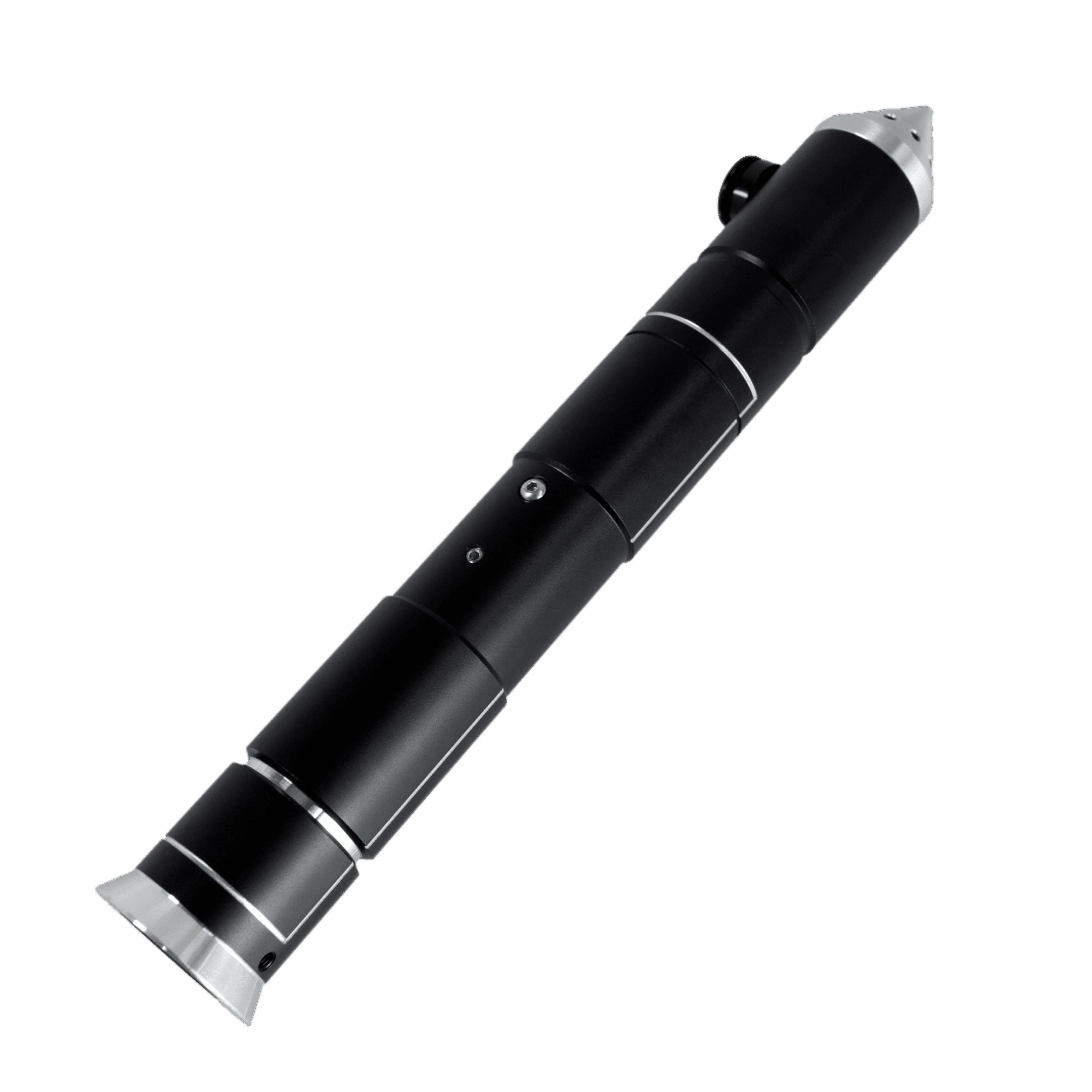 Black tactical flashlight with a sleek design.