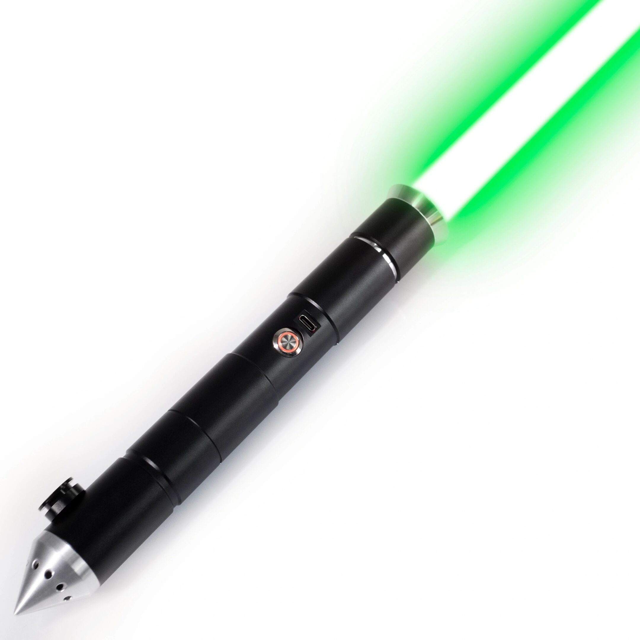 A glowing green lightsaber with a black hilt.