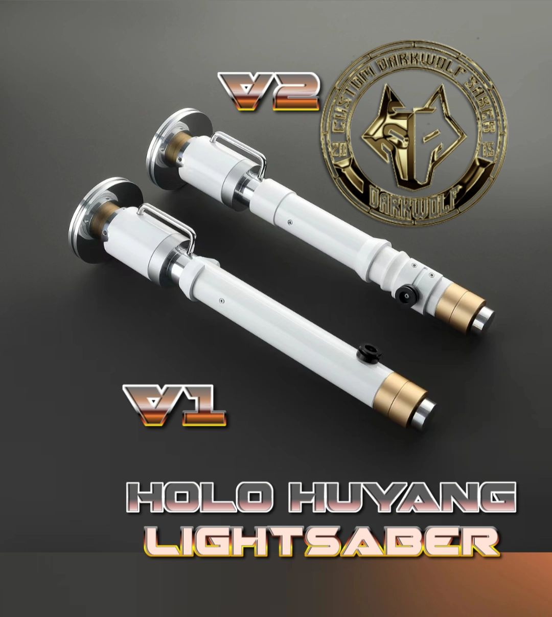 Two detailed Holo Hyang lightsaber replicas with a themed badge.