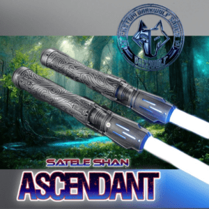 Two sleek fishing rods branded as Satels Shan Ascendant.