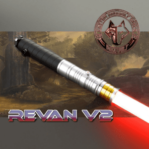 Revan V2 lightsaber with red blade and emblem in the background.