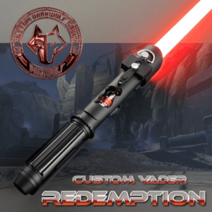 Custom lightsaber with a red blade and emblem, set against a dark cityscape.