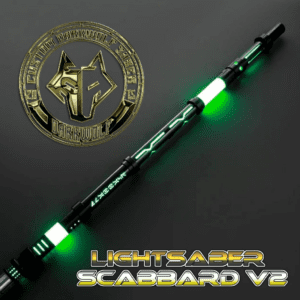 A glowing green and black lightsaber labeled "Iritis Scabbard V2."