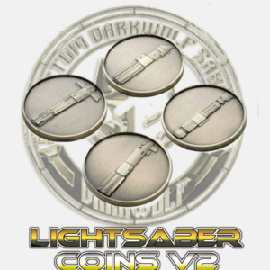 A digital graphic of five coins with a futuristic design and text 'Lightsaber Coins V2'.