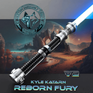 A lightsaber with a blue blade and emblem above it.