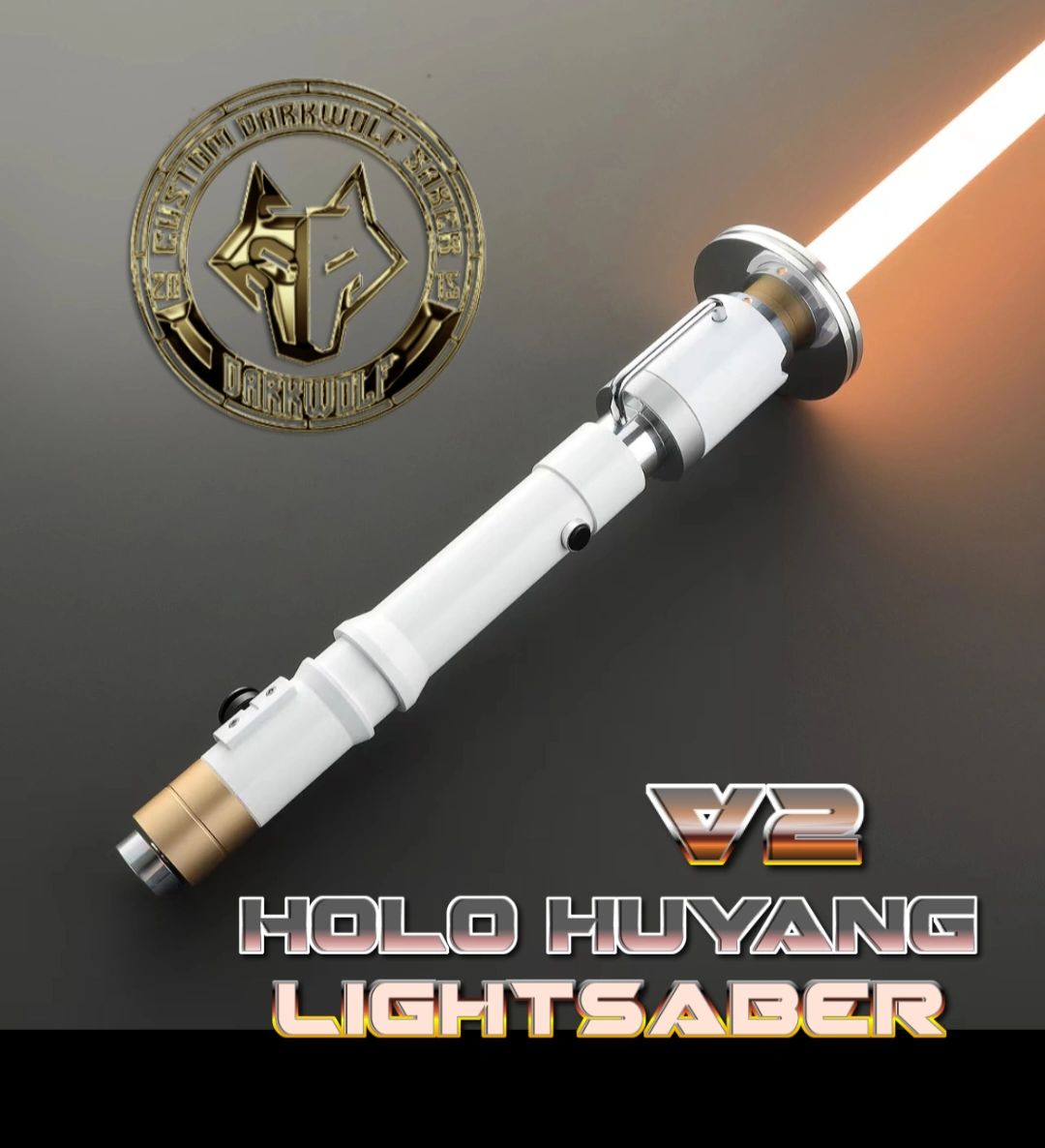 A detailed Holo Hyvange lightsaber with an illuminated blade and emblem.