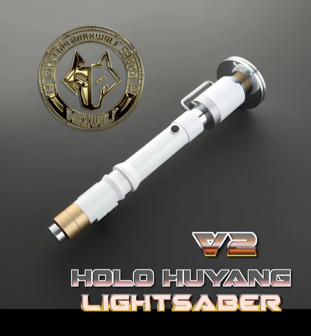 White and gold Hold Hywang lightsaber with logo.