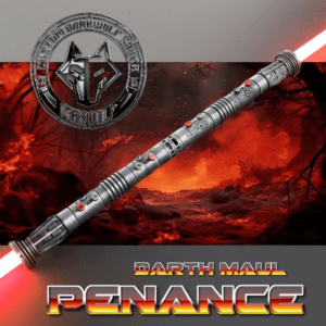 A detailed Darth Maul lightsaber with a fiery background and emblem.