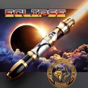 A futuristic sword with glowing blade against a cosmic background and eclipse.