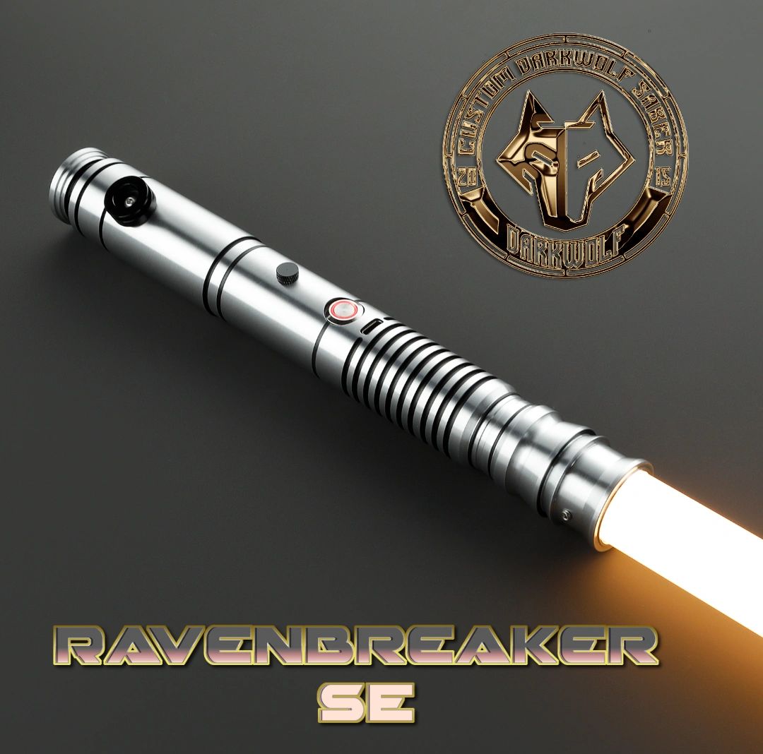A sleek, metallic lightsaber labeled Ravenbreaker SE with a glowing blade and emblem.