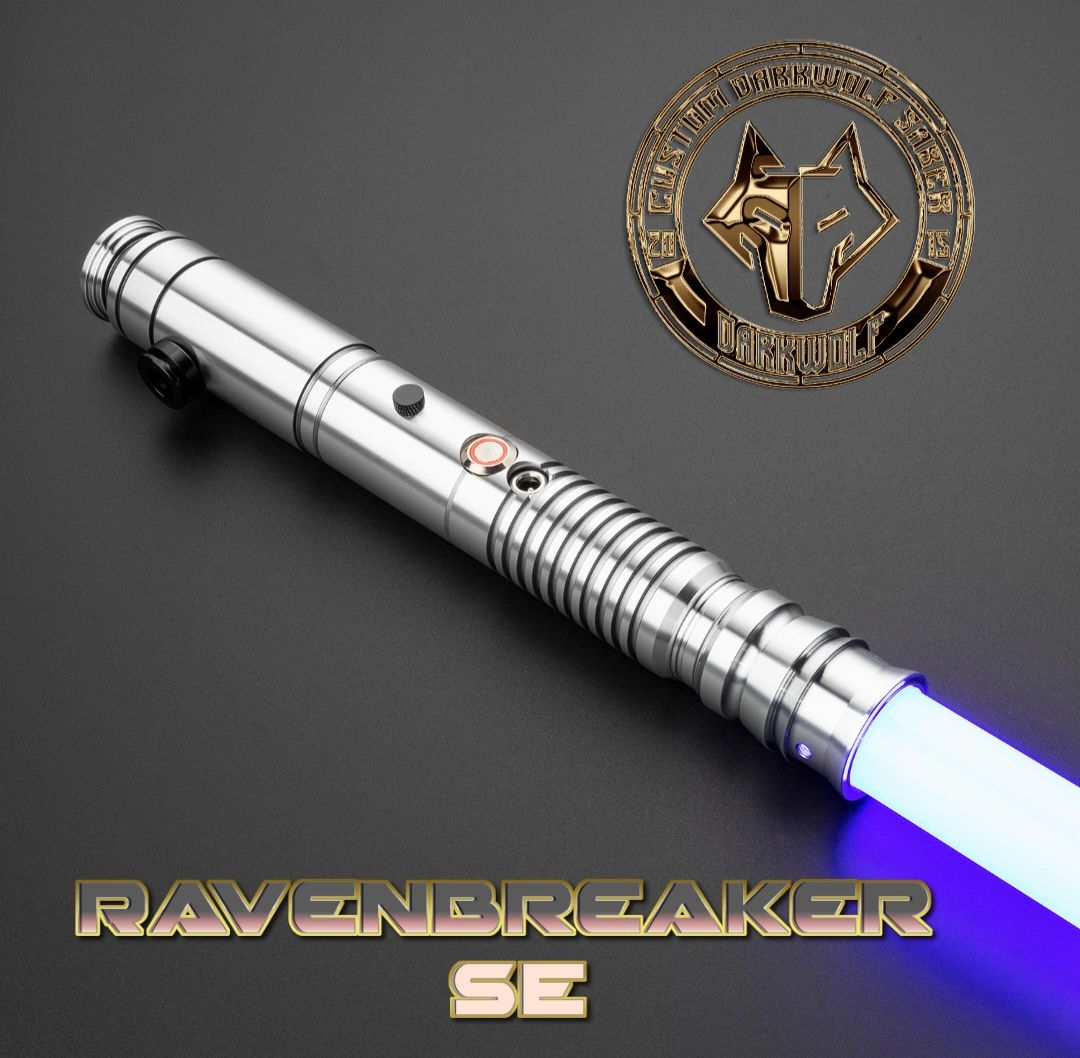 A sleek metallic lightsaber with a blue glowing blade and a circular emblem.