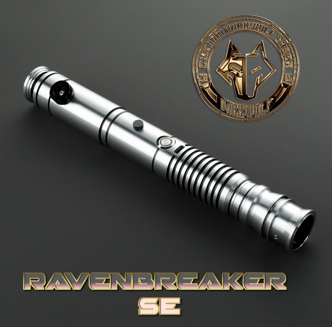 A sleek metallic lightsaber with a black button on a dark background.