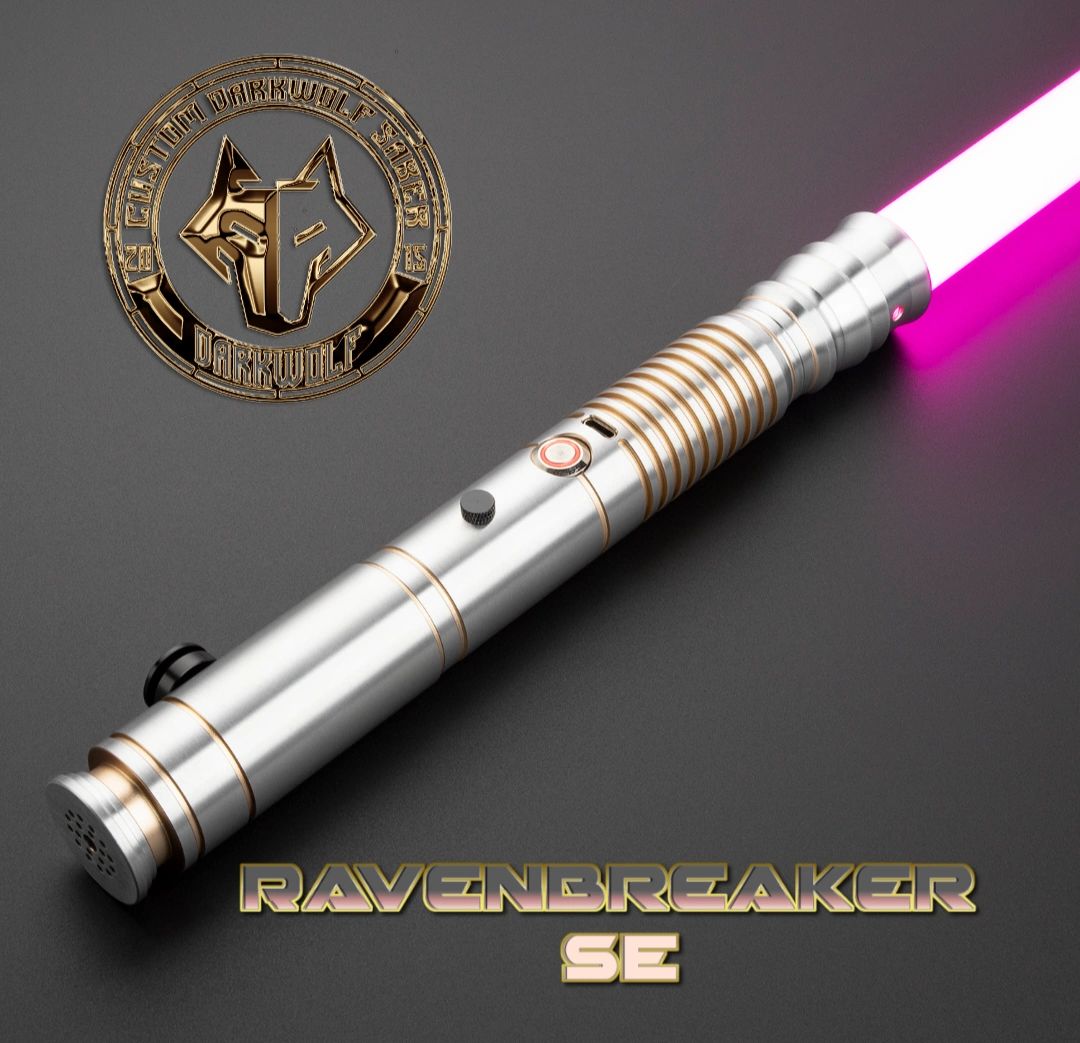 A sleek silver lightsaber with a glowing purple blade and Jedi Order emblem.