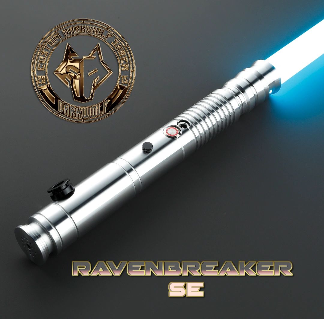A sleek silver lightsaber with a blue blade and emblem.
