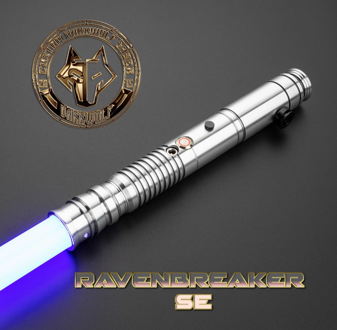 Silver Ray Generator SE emitting blue light on black surface.