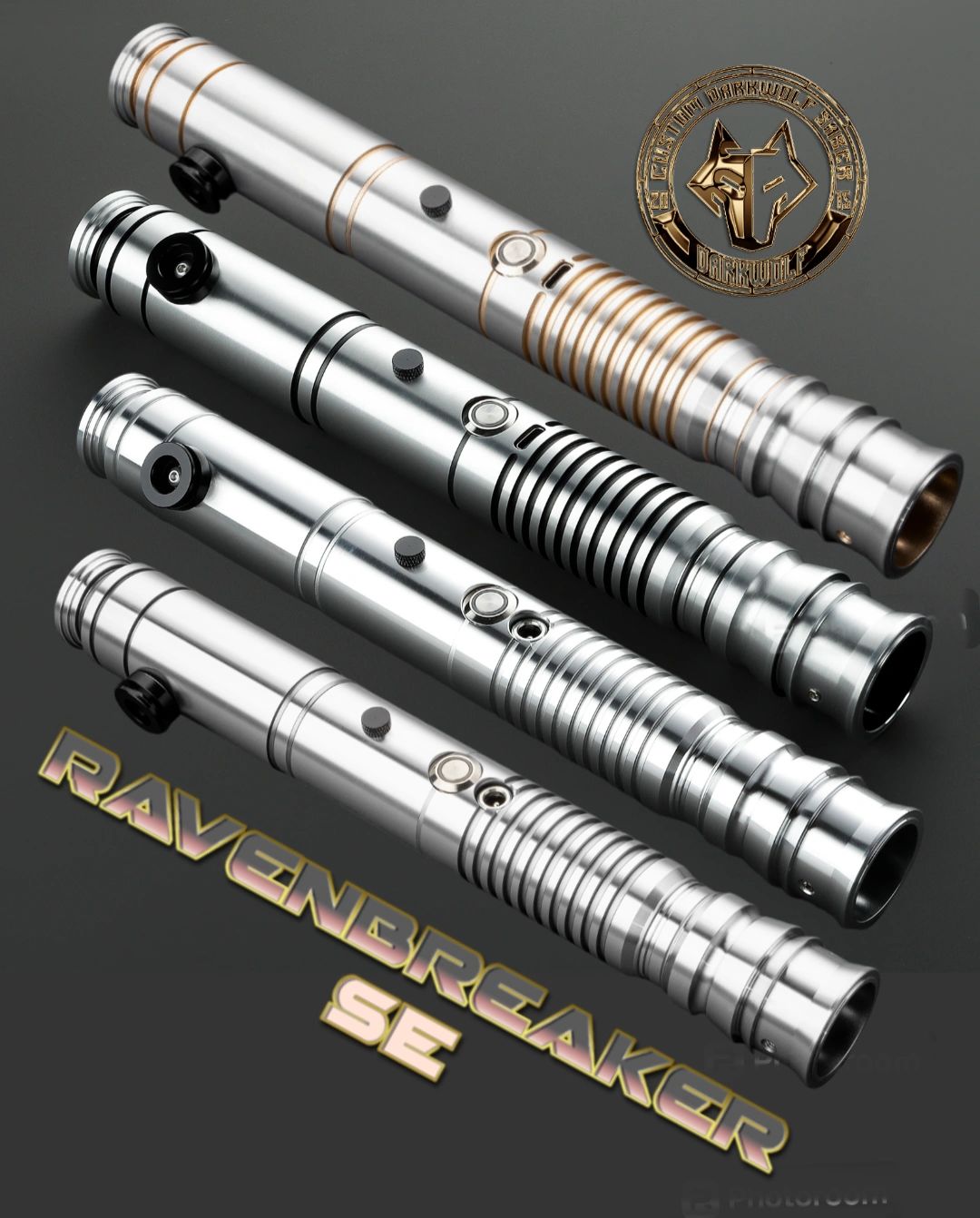 Four metallic lightsaber hilts laid out with a logo and text beneath.