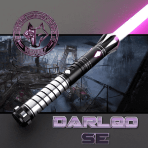 A futuristic purple lightsaber named Darloo SE against a dark background.