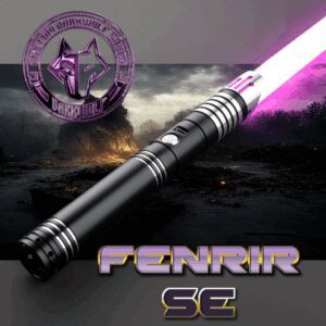 A futuristic lightsaber with a purple blade and Fenrir SC emblem.